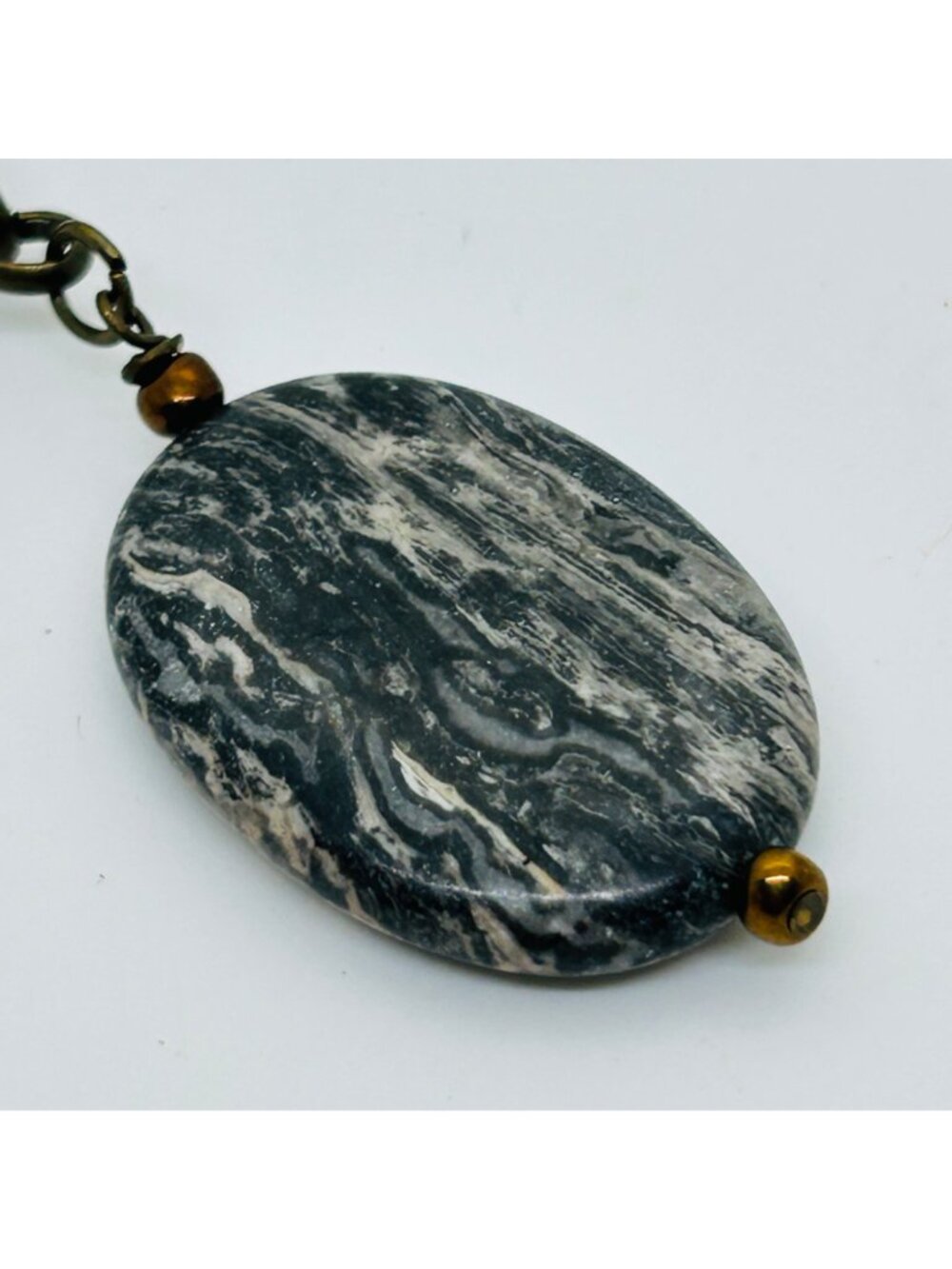 Modernist Bronze Color Jasper Agate Pendant Necklace Chain Oval Bohemian Gothic - Picture 3 of 10